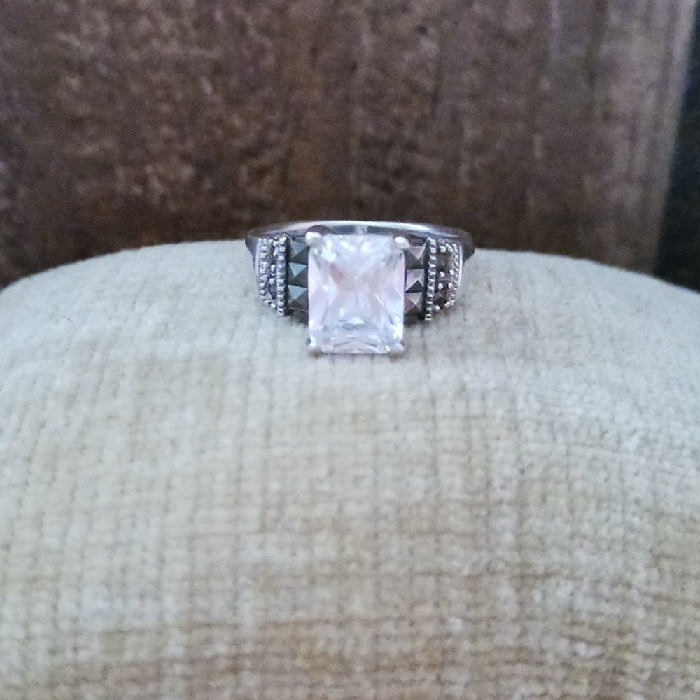 Rhinestone Marcasite Four Prong Set Silver Ring